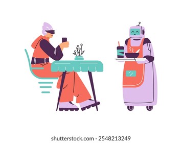 Homem sentado em uma mesa em um café, um robô traz comida em uma bandeja. Inteligência artificial no dia a dia. Cidade inteligente. Tecnologias avançadas do futuro. Ilustração vetorial sobre fundo branco.