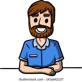 Man sits at table with crossed arms. relaxed position for conversation. Character in front. Summer blue t-shirt. Happy emotion. Smile on face. Cartoon hand drawn color sketch illustration