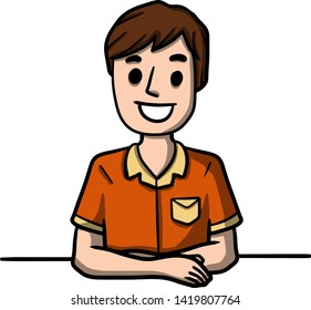 Man sits at table with crossed arms. relaxed position for conversation. Character in front. Summer red t-shirt. Happy emotion. Smile on face. Cartoon hand drawn color sketch illustration