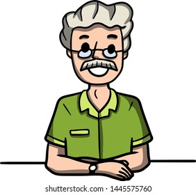 Man sits at table with crossed arms. relaxed position for conversation. Character in front. Happy emotion. Smile on face. Cartoon hand drawn color sketch illustration. Summer green t-shirt