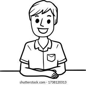 Der Mensch sitzt mit gekreuzten Armen am Tisch. Zeichen vor. Glückliche Emotion. Lächle ins Gesicht! Cartoon handgezeichnete Schwarz-Weiß-Skizze-Illustration. Summer-T-Shirt. entspannte Gesprächsstellung