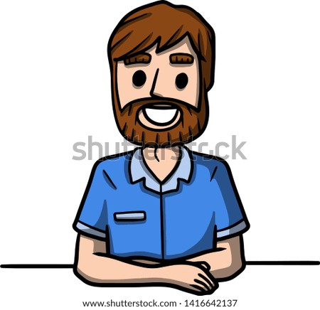 Man sits at table with crossed arms. relaxed position for conversation. Character in front. Summer blue t-shirt. Happy emotion. Smile on face. Cartoon hand drawn color sketch illustration