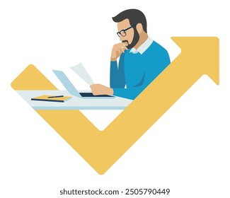 A man sits at a table with documents and a laptop and analyzes his own decisions. Success in business. Uphill movement and achievements. Flat design. Vector illustration