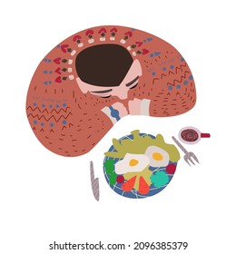 A man sits at the table and eats scrambled eggs with vegetables. Healthy eating. Illustration for prints, stickers, postcards, textiles, bags, notebooks, T-shirts, clothes. For the menu. 