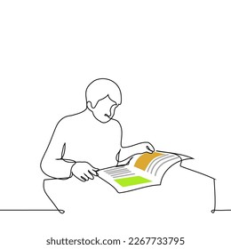 man sits at the table and flips through a magazine with illustrations - one line drawing vector. concept reader