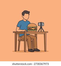 A man sits at a table with a giant burger in front of him, recording himself with a smartphone on a tripod, likely for a food challenge or mukbang video.