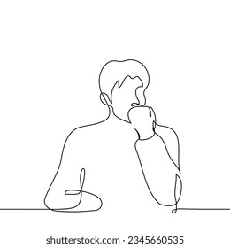 man sits at the table, hand he clenched his fist and leaned against his mouth - one line art vector. concept of thinking, hard thinking