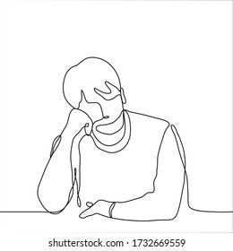 man sits at a table, his head is lowered, his right hand props his chin. One continuous line drawing of a tired worker man, a sleeping student, a sad man, a pensive worker. Can be used for animation.