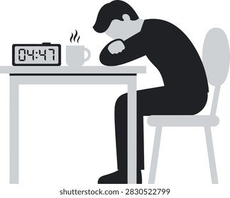 A man sits at a table with his head in his hands, feeling sad or depressed. A cup of coffee and a clock displaying 04:47 are next to him.
