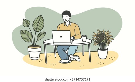 Un hombre se sienta en una mesa con una computadora portátil y una taza de café, rodeado de plantas, aislado sobre fondo transparente.