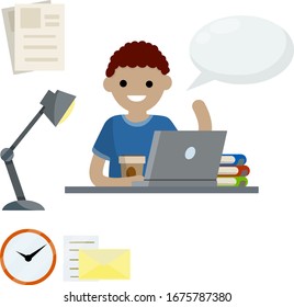 Man sits at table with laptop. Education and books. Bubble text. Conversation and speech. Set of business items. Clock, paper file document, lamp. Work freelance and programmer. Flat cartoon.