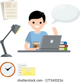 Man sits at table with laptop. Education and books. Conversation and speech. Set of business items. Clock, paper file document, lamp. Work freelance and programmer. Flat cartoon. Bubble text