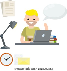 Man sits at table with laptop. Education and books. Bubble text. Conversation and speech. Set of business items. Clock, paper file document, lamp. Work freelance and programmer. Flat cartoon.