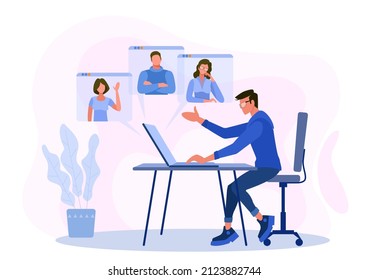 A man sits at a table with a laptop and leads an online conference webinar. Women and men participate in video conferences, communicate and learn through the Internet. Vector flat illustration. 