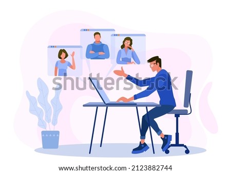 A man sits at a table with a laptop and leads an online conference webinar. Women and men participate in video conferences, communicate and learn through the Internet. Vector flat illustration. 