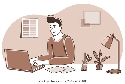 A man sits at a table with a laptop surrounded by office supplies and a plant. Atmosphere for work. Comic in trendy color 2025. Can be used for freelancing, training, quarantine, web design.