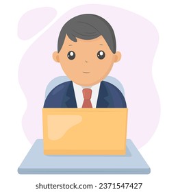 A man sits at a table with a laptop. Vector illustration