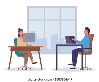 Man sits at table with laptop, woman at table with monitor. City landscape outside the window. Office meeting. Employees, colleagues or office staff. Communicate and work. Flat vector image on white