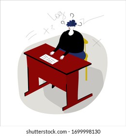 A man sits at a table and leafs through a notebook. Vector illustration concept in doodle style.