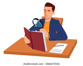 A man sits at a table and looks at an open book through a magnifying glass. The guy is looking for information in an encyclopedia. The man scrutinizes the printed data. Stock vector illustration.
