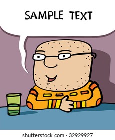 The man sits at a table near to it there is a glass an illustration