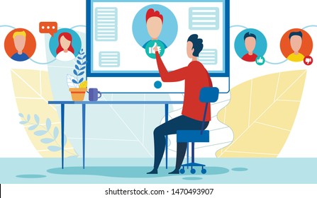 Man Sits at Table in Office. Guy Networking, Chatting, Giving Like via Personal Computer. SMM Specialist Performing Internet Social Media Marketing. Online Community. Vector Flat Cartoon Illustration