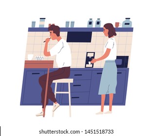 Man sits at table in office kitchen and eats lunch while his colleague uses coffee machine. Daily routine, everyday life of young professional or clerk. Flat cartoon vector illustration.