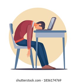 a man sits at a table on which there is a laptop and laid his head exhaustedly on the table, fatigue, depression, impotence, isolated object on a white background, vector illustration, eps