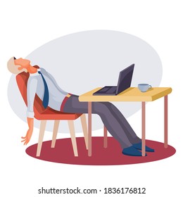 a man sits at a table on which there is a laptop and leaned back exhaustedly in his chair, fatigue, depression, impotence, isolated object on a white background, vector illustration, eps