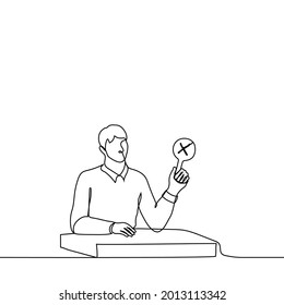 man sits at the table and shows a cross, letter x which means disagreement, prohibition, denial , no to a question, vote "no" - one line drawing 