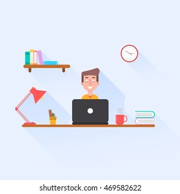 The man sits at a table in the workplace. EPS 10, vector, flat,