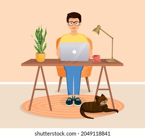 Man sits at a table, works at a computer at home. Remote work, freelance, home office, programming, training. Cozy working interior with a cat. Vector illustration.