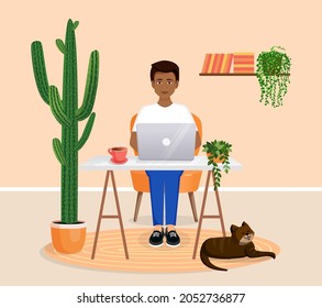 Man sits at a table, works at a computer at home. Remote work, freelance, home office, programming, training. Cozy working interior with a cat. Interior with plants. Vector illustration