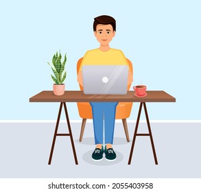 Man sits at a table, works at a computer at home. Remote work, freelance, home office, programming, training. Cozy working interior with a cat. Vector illustration.