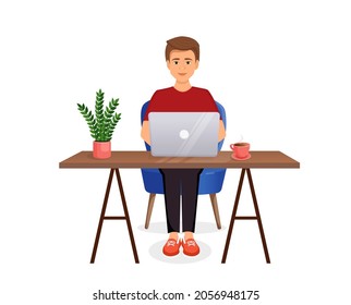 Man sits at a table, works at a computer at home. Remote work, freelance, home office, programming, training. Vector illustration
