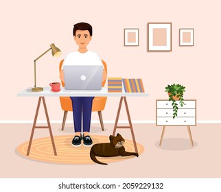 Man sits at a table, works at a computer at home. Remote work, freelance, home office, programming, training. Cozy working interior with a cat. Vector illustration