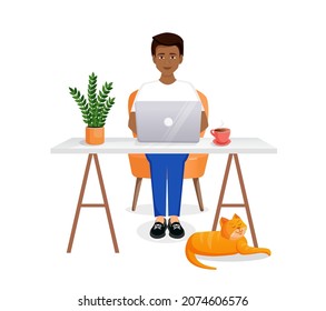 Man sits at a table, works at a computer at home. Remote work, freelance, home office, programming, training. Cozy working interior with a cat. Vector illustration