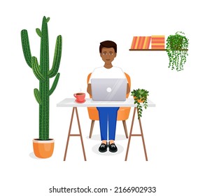 Man sits at a table, works at a computer at home. Remote work, freelance, home office, programming, training. Interior with plants. Vector illustration.