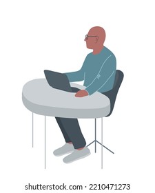Man sits at a table and works at the laptop. It can also be a freelancer, psychologist, journalist, hr manager or other specialist. Vector illustration