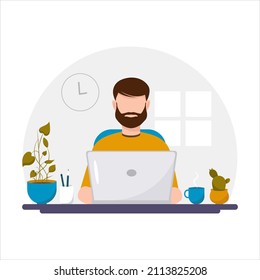 A man sits at a table and works on a laptop in the office or at home. Vector illustration in flat cartoon style.
