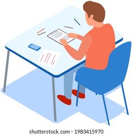 Man sits at table and works with text on clipboard. Male character at workplace is doing paperwork. Office employee isolated on white background. Person at desk with papers, pencils and smartphone