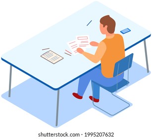 Man sits at table and works with text on clipboard. Male character at workplace is doing paperwork. Office employee isolated on white background. Person at desk with papers, pencils and smartphone