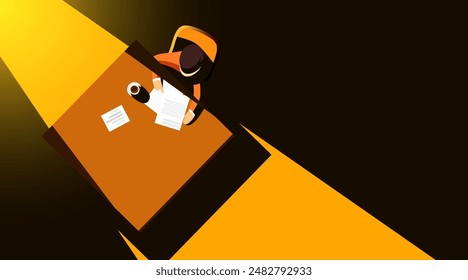 Man sits at a table and works. Top view. Vector illustration