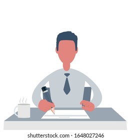 El hombre se sienta a una mesa y trabaja. Joven hombre de negocios trabajando en la oficina. Ilustración vectorial.