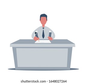 Man sits at a table and works. Young businessman working at office. Vector illustration.