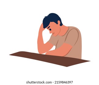The man sits at the table. Worries, gets angry, regrets, or thinks about what to do. Symptoms of depression, panic attack, after divorce or swept away by spouses, parents. Vector illustration