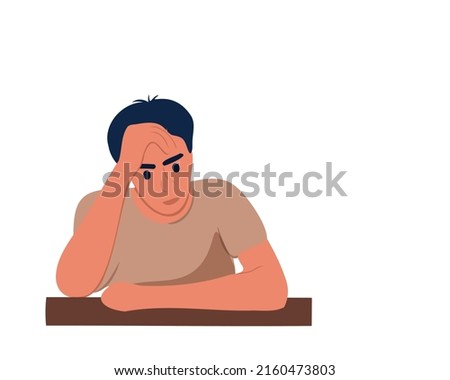 The man sits at the table. Worries, gets angry, regrets, or thinks about what to do. Symptoms of depression, panic attack, after divorce or swept away by spouses, parents. Vector illustration