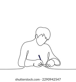 man se sienta en la mesa y escribe con un lápiz - un vector de dibujo de una línea. escritura de concepto, signo, escritura a mano
