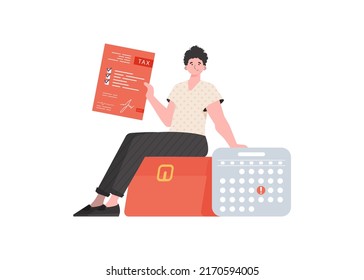 A man sits with a tax return form in his hands. Isolated. Element for presentation. Vector illustration