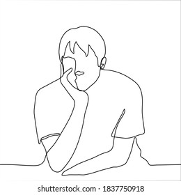man sits thoughtfully with his hand under his head. One line drawing of a man holding his chin resting on his elbow